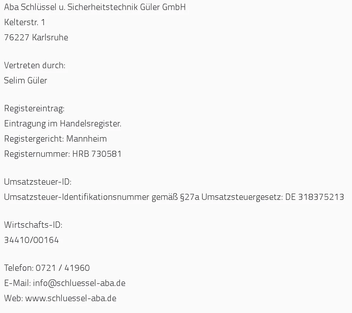 Aba Schlüssel u. Sicherheitstechnik Güler GmbH - Impressum Angaben